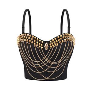 Sexy Black Spaghetti Straps Golden Rivet Bustier Bra Corset Clubwear Crop Top N22630