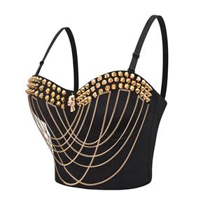 Sexy Black Spaghetti Straps Golden Rivet Bustier Bra Corset Clubwear Crop Top N22630
