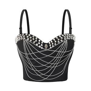 Sexy Black Spaghetti Straps Sliver Rivet Bustier Bra Corset Clubwear Crop Top N22631