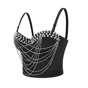 Sexy Black Spaghetti Straps Sliver Rivet Bustier Bra Corset Clubwear Crop Top N22631