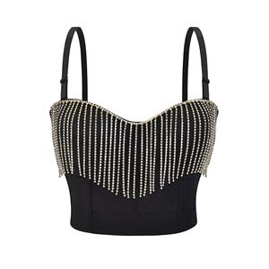 Sexy Black Spaghetti Straps Diamond Tassel Chain Bustier Bra Corset Clubwear Crop Top N22635