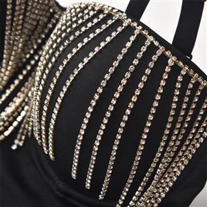 Sexy Black Spaghetti Straps Diamond Tassel Chain Bustier Bra Corset Clubwear Crop Top N22635