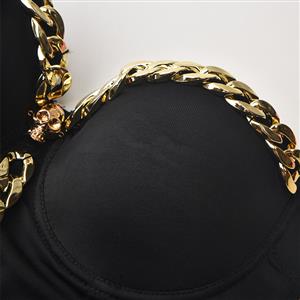 Sexy Black Spaghetti Straps Golden Chain Bustier Bra Corset Clubwear Crop Top N22632