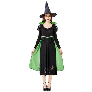 Gothic Black Witch Long Dress Bat Adult Halloween Cosplay Costume with Hat N19432