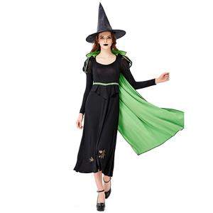 Gothic Black Witch Long Dress Bat Adult Halloween Cosplay Costume with Hat N19432