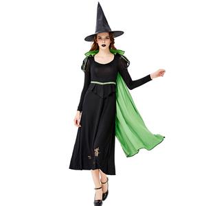 Gothic Black Witch Long Dress Bat Adult Halloween Cosplay Costume with Hat N19432