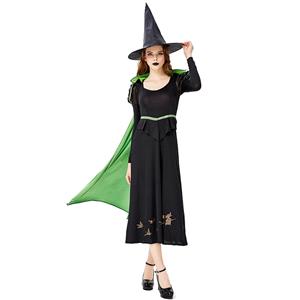 Gothic Black Witch Long Dress Bat Adult Halloween Cosplay Costume with Hat N19432