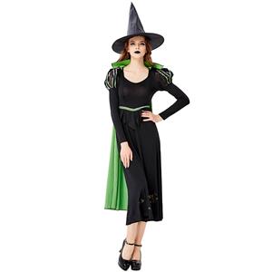 Gothic Black Witch Long Dress Bat Adult Halloween Cosplay Costume with Hat N19432