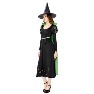 Gothic Black Witch Long Dress Bat Adult Halloween Cosplay Costume with Hat N19432