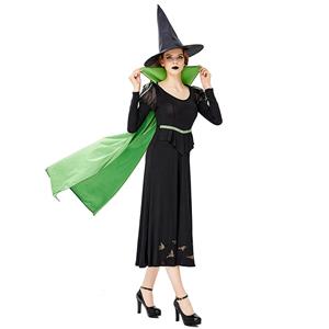 Gothic Black Witch Long Dress Bat Adult Halloween Cosplay Costume with Hat N19432