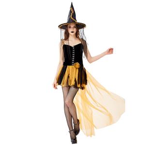 Sexy Gothic Black Witch Mini High-low Dress Adult Halloween Cosplay Costume with Hat N19433