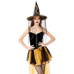 Sexy Gothic Black Witch Mini High-low Dress Adult Halloween Cosplay Costume with Hat N19433