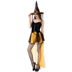 Sexy Gothic Black Witch Mini High-low Dress Adult Halloween Cosplay Costume with Hat N19433