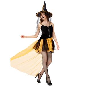 Sexy Gothic Black Witch Mini High-low Dress Adult Halloween Cosplay Costume with Hat N19433