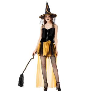 Sexy Gothic Black Witch Mini High-low Dress Adult Halloween Cosplay Costume with Hat N19433
