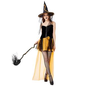 Sexy Gothic Black Witch Mini High-low Dress Adult Halloween Cosplay Costume with Hat N19433