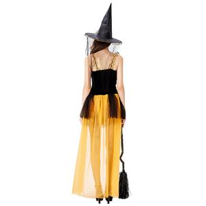 Sexy Gothic Black Witch Mini High-low Dress Adult Halloween Cosplay Costume with Hat N19433