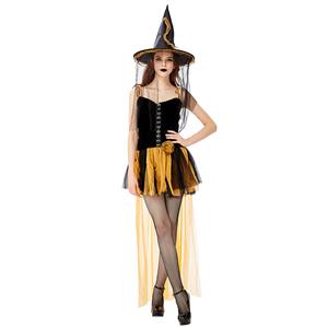 Sexy Gothic Black Witch Mini High-low Dress Adult Halloween Cosplay Costume with Hat N19433