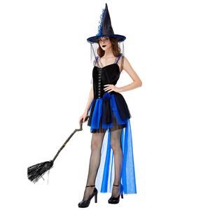 Sexy Gothic Black Witch Mini High-low Dress Adult Halloween Cosplay Costume with Hat N19440