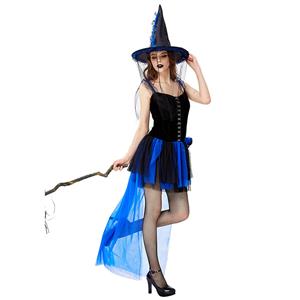 Sexy Gothic Black Witch Mini High-low Dress Adult Halloween Cosplay Costume with Hat N19440
