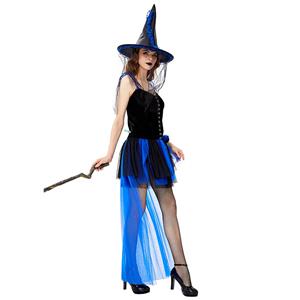 Sexy Gothic Black Witch Mini High-low Dress Adult Halloween Cosplay Costume with Hat N19440