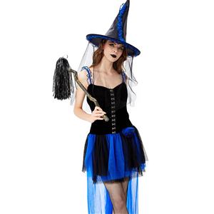 Sexy Gothic Black Witch Mini High-low Dress Adult Halloween Cosplay Costume with Hat N19440