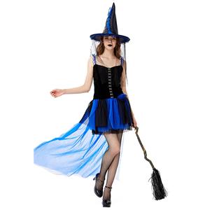 Sexy Gothic Black Witch Mini High-low Dress Adult Halloween Cosplay Costume with Hat N19440