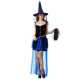 Sexy Gothic Black Witch Mini High-low Dress Adult Halloween Cosplay Costume with Hat N19440