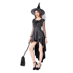 Sexy Gothic Black Witch Mini High-low Dress Adult Halloween Cosplay Costume With Hat N20740