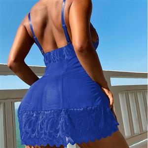 Sexy Blue Lace Low Bra Backless Babydoll Sleepwear Mini Dress Lingerie N23206