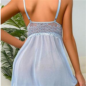 Sexy Blue Lace Mesh Low-bra Spaghetti Straps See-through Babydoll Sleepwear Lingerie N23210