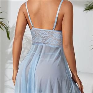 Sexy Blue Lace Low-bra Adjustable Spaghetti Straps Soft Babydoll Sleepwear Lingerie N23393