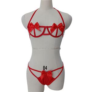 Erotic Cupless Halter Bra and Thong Cut-out Red Bowknot Valentines Lingerie N21975