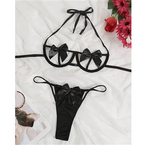 Erotic Cupless Halter Bra and Thong Cut-out Bowknot Valentines Lingerie N21976
