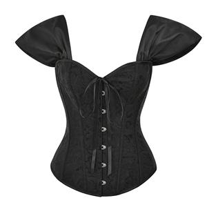 Gothic Black Brocade 10 Plastic Boned Wide Shoulder Straps Waist Cincher Overbust Corset N22063