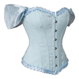 Gothic Blue Brocade 10 Plastic Boned Wide Shoulder Straps Waist Cincher Overbust Corset N237860
