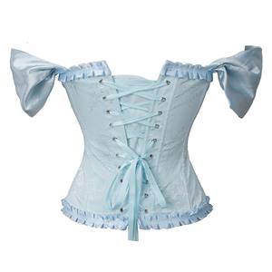 Gothic Blue Brocade 10 Plastic Boned Wide Shoulder Straps Waist Cincher Overbust Corset N237860