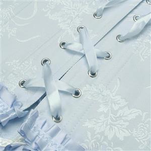 Gothic Blue Brocade 10 Plastic Boned Wide Shoulder Straps Waist Cincher Overbust Corset N237860