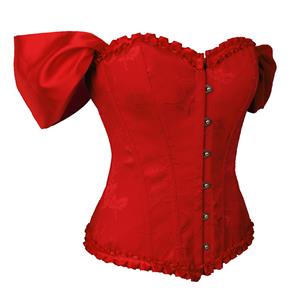 Gothic Red Brocade 10 Plastic Boned Wide Shoulder Straps Waist Cincher Overbust Corset N237862