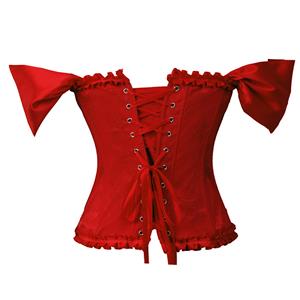 Gothic Red Brocade 10 Plastic Boned Wide Shoulder Straps Waist Cincher Overbust Corset N237862