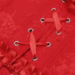 Gothic Red Brocade 10 Plastic Boned Wide Shoulder Straps Waist Cincher Overbust Corset N237862