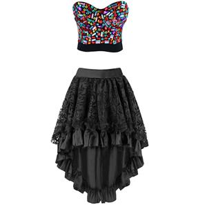 Sexy Burlesque Colorful Gem Bra Top and Black Satin Hi-lo Skirt Set N12717