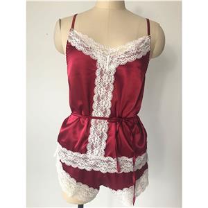 Sexy Wine-red Camisole and Panty White Lace Trims Lingerie Split Pajamas Set N20691