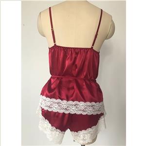 Sexy Wine-red Camisole and Panty White Lace Trims Lingerie Split Pajamas Set N20691