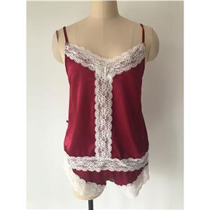 Sexy Wine-red Camisole and Panty White Lace Trims Lingerie Split Pajamas Set N20691