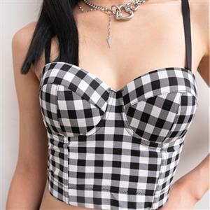 Sexy Black And White Checkered Padded Underwire B Cup Bustier Bra Clubwear Crop Top N20531