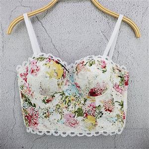 Sexy Floral Print Padded Underwire Bustier Spaghetti Straps Lace Bra Clubwear Crop Tops N20615