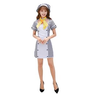 3pcs Sexy Women's Cook Short Sleeve Plaid Skirt Adult Halloween Cosplay Maid Costume N19477