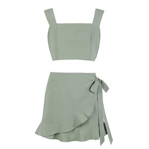 Sexy Bean-green Short Sling Crop Top With High Waist Ruffle Hemline Mini Wrap Skirt Sets N20624