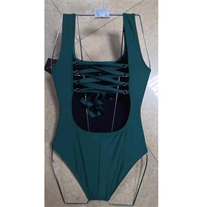 Sexy Dark-green Halter Back Lace Up Tummy Control High Waist One-piece Swimsuit BK21150